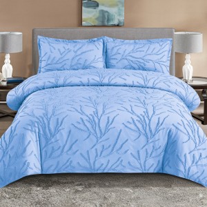 Lenjerie de Pat Premium, Bumbac Finet, Smocuri Brodate, 4 Piese, cu ELASTIC, Nesifonabilă și Durabilă, Tree, Bleu