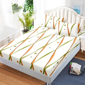 Cearsaf cu elastic, Bumbac FINET, 160x200cm, 2 fete de perne 50x70cm, Crem, Inimioare, Dungi