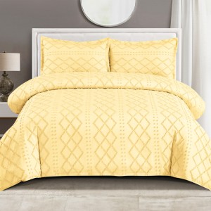 Lenjerie de Pat Premium, Bumbac Finet, Smocuri Brodate, 4 Piese, cu ELASTIC, Nesifonabilă și Durabilă, Elegance, Galben Pai