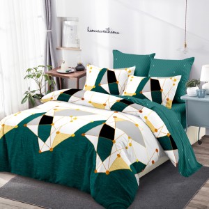 Lenjerie pat dublu,  FINET, cu elastic, 6 piese, Crem, Verde, Forme Geometrice