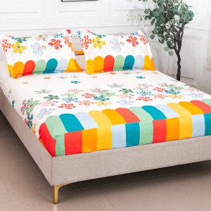Cearșaf cu Elastic 180x200 cm + 2 Fețe de Pernă 50x70 cm, Alb, Floricele Multicolore