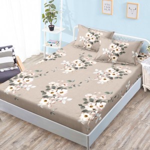 Cearsaf cu elastic, Bumbac FINET, 160x200cm, 2 fete de perne 50x70cm, Bej, Flori
