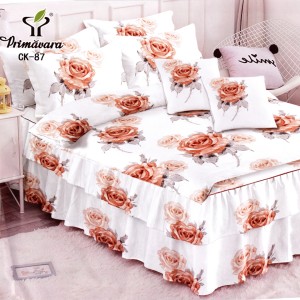 Lenjerie Premium Pat Dublu  FINET, 6 Piese – Volănașe Sofisticate, Fixare Perfectă cu Elastic, Alb, Somon, Trandafiri