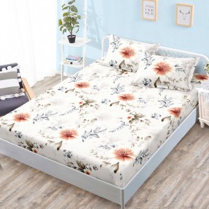 Cearsaf cu elastic, Bumbac FINET, 160x200cm, 2 fete de perne 50x70cm, Crem, Flori