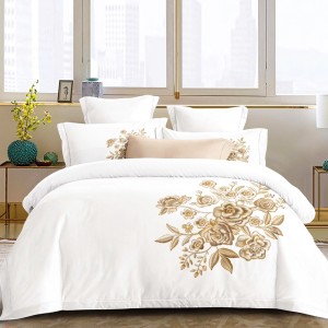 Lenjerie pat dublu, Primăvara,  FINET, Cearsaf cu Elastic 180x200cm, 4 piese, Alb, Maro, model cu flori - Lux Absolut, Delicatețe și Eleganță Desăvârșită