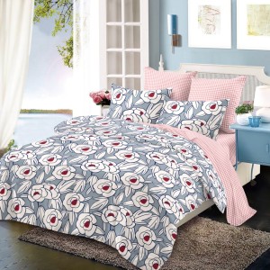 Lenjerie pat dublu,  FINET, cu elastic, 6 piese, Bleu, Roz, Flori