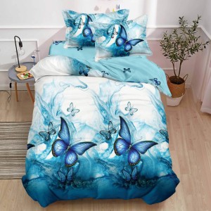 Lenjerie pat 1 PERSOANA,  FINET, 4 piese, cu ELASTIC, Albastru, fluturi