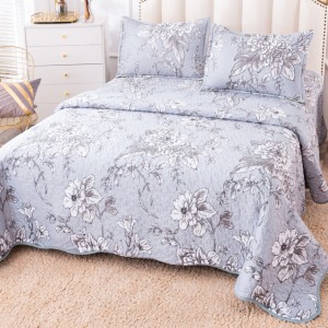 Cuvertură Pat Dublu, Catifea Matlasată, 230x250 cm, 2 fete de perna 60x80cm, Bleu, Flori