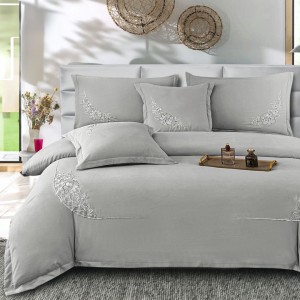 Lenjerie Pat Dublu, Bumbac Neted Fin, Broderie Rafinata, CEARSAF CU ELASTIC, 6 piese, Gri