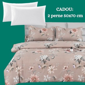 Lenjerie de Pat 4 Piese din Bumbac Satinat cu Cearșaf cu Elastic + 2 Perne Cadou 50x70 cm, cod INS-LSG104