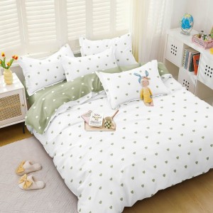 Lenjerie pat dublu cu doua feţe, bumbac satinat, 4 piese,  Alb, Verde, inimioare