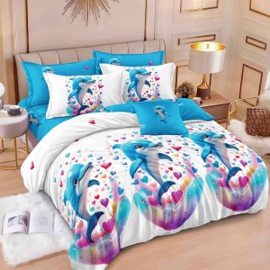 Lenjerie pat dublu,  FINET, 6 piese, Bleu, Alb, delfini, inimioare