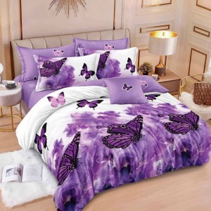 Lenjerie pat dublu,  FINET, 6 piese, cu ELASTIC, Alb, Mov, fluturi