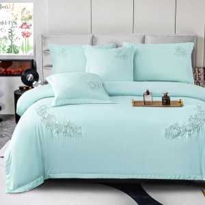 Lenjerie Pat Dublu, Bumbac Neted Fin, Broderie Rafinata, CEARSAF CU ELASTIC, 6 piese, Bleu Ciel