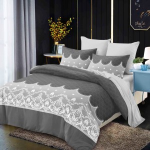 Lenjerie pat dublu,  FINET, cu elastic, 6 piese, Gri, Alb, Model Dantelat