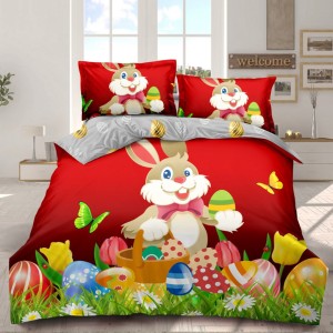 Lenjerie de Pat Dublu,  Finet, Imprimeu Digital, 4 Piese, Roșu, Gri, Iepuraș cu Oua Colorate