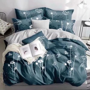 Lenjerie pat dublu, bumbac satinat, cu doua feţe, 4 piese,  Petrol, Alb, papadii