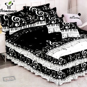 Lenjerie Premium Pat Dublu  FINET, 6 Piese – Volănașe Sofisticate, Fixare Perfectă cu Elastic, Alb, Negru, Note Muzicale