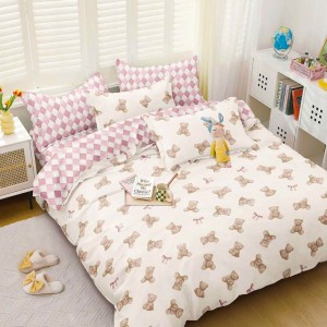 Lenjerie pat dublu cu doua feţe, bumbac satinat, 4 piese,  Crem, Roz, ursuleti