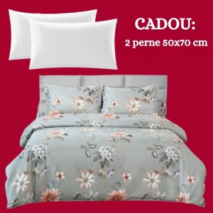 Lenjerie de Pat 4 Piese din Bumbac Satinat cu Cearșaf cu Elastic + 2 Perne Cadou 50x70 cm, cod INS-LSG503