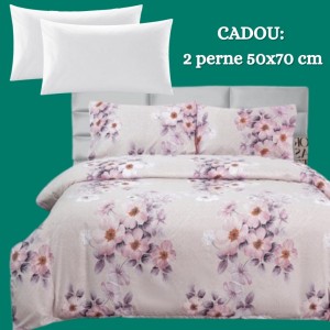 Lenjerie de Pat 4 Piese din Bumbac Satinat cu Cearșaf cu Elastic + 2 Perne Cadou 50x70 cm, cod INS-LSG157