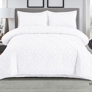 Lenjerie de Pat Premium, Bumbac Finet, Smocuri Brodate, 4 Piese, Nesifonabilă și Durabilă, Geometry, Alb