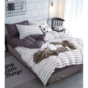 Lenjerie pat dublu, bumbac satinat, cu doua feţe, 4 piese,  Bleumarin, Alb, Gri, dungi