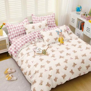 Lenjerie pat dublu, bumbac satinat,  cu elastic, Crem, Roz, ursuleti