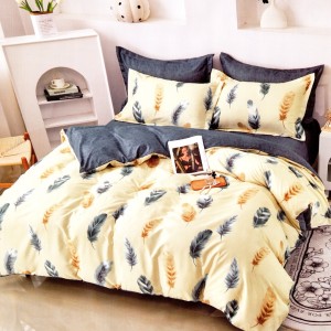 Lenjerie pat dublu, bumbac satinat, cu doua feţe, 4 piese,  Crem, Albastru, Pene