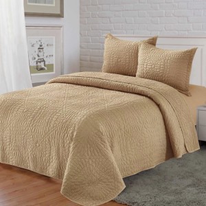 Cuvertură Matlasată, Pat Dublu, 230x250 cm, 3 Piese, Bumbac Satinat Superior, 2 Fețe de Pernă 50x70 cm, Bej