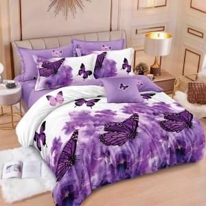 Lenjerie pat dublu,  FINET, 6 piese, Alb, Mov, fluturi
