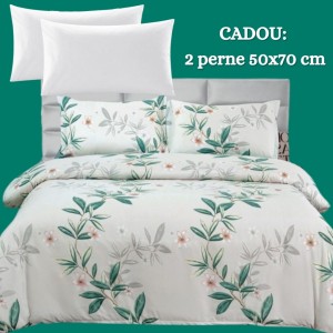 Lenjerie de Pat 4 Piese din Bumbac Satinat cu Cearșaf cu Elastic + 2 Perne Cadou 50x70 cm, cod INS-LSG172