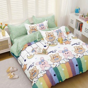 Lenjerie pat dublu cu doua feţe, bumbac satinat, 4 piese,  Alb, Verde, iepurasi