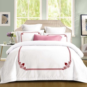 Lenjerie pat dublu, Primăvara,  FINET, Cearsaf cu Elastic 180x200cm, 4 piese, Alb, Roșu, model clasic - Lux Absolut, Delicatețe și Eleganță Desăvârșită