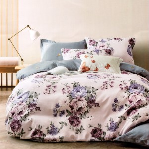 Lenjerie pat dublu, bumbac satinat, cu doua feţe, 4 piese, Rozaliu, Gri, Buchete de Flori