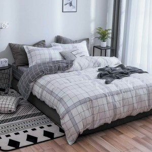 Lenjerie pat dublu cu doua feţe, bumbac satinat, 4 piese,  Alb, Gri, patratele