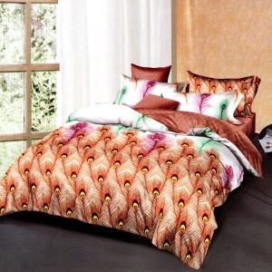 Lenjerie pat dublu, bumbac satinat, cu doua feţe, 4 piese,  Alb, Rosu, Pene de Paun