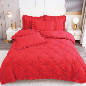 Lenjerie de Pat Premium, Bumbac Finet, Pliuri Brodate cu Volanase, 4 Piese, Nesifonabilă și Durabilă, Rosu