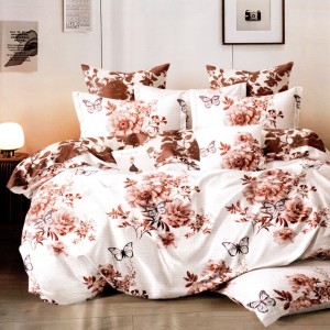 Lenjerie pat dublu, bumbac satinat, cu doua feţe, 4 piese,  Alb, Maro, Flori