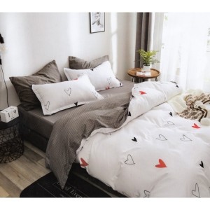 Lenjerie pat dublu, bumbac satinat, cu doua feţe, 4 piese,  Alb, inimioare