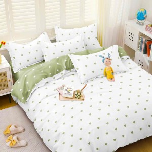 Lenjerie pat dublu, bumbac satinat,  cu elastic, Alb, Verde, inimioare