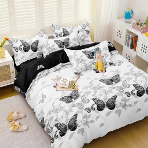 Lenjerie pat dublu, bumbac satinat,  cu elastic, Alb, Negru, fluturi