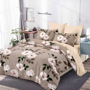 Lenjerie pat dublu,  FINET, cu elastic, 6 piese, Bej, Flori