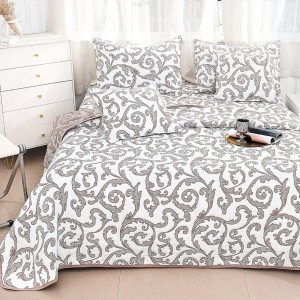 Cuvertură Pat Dublu, Bumbac cu In, Model Brodat Direct în Tesătură, 230x250 cm, 2 fete de perna 52x72cm, 2 fete de perna 46x46cm, Alb, Maro, Model Elegant