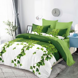 Lenjerie pat dublu,  FINET, cu elastic, 6 piese, Alb, Verde, Frunze