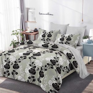 Lenjerie pat dublu,  FINET, cu elastic, 6 piese, Gri, Flori