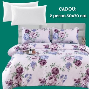 Lenjerie de Pat 4 Piese din Bumbac Satinat cu Cearșaf cu Elastic + 2 Perne Cadou 50x70 cm, cod INS-LSG168