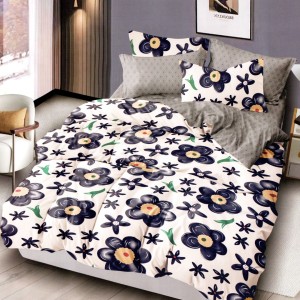 Lenjerie pat dublu, bumbac satinat, cu doua feţe, 4 piese,  Alb, Bleumarin, Flori