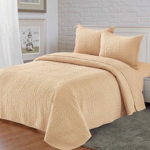 Cuvertură Matlasată, Pat Dublu, 230x250 cm, 3 Piese, Bumbac Satinat Superior, 2 Fețe de Pernă 50x70 cm, Bej Roze