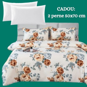 Lenjerie de Pat 4 Piese din Bumbac Satinat cu Cearșaf cu Elastic + 2 Perne Cadou 50x70 cm, cod INS-LSG162